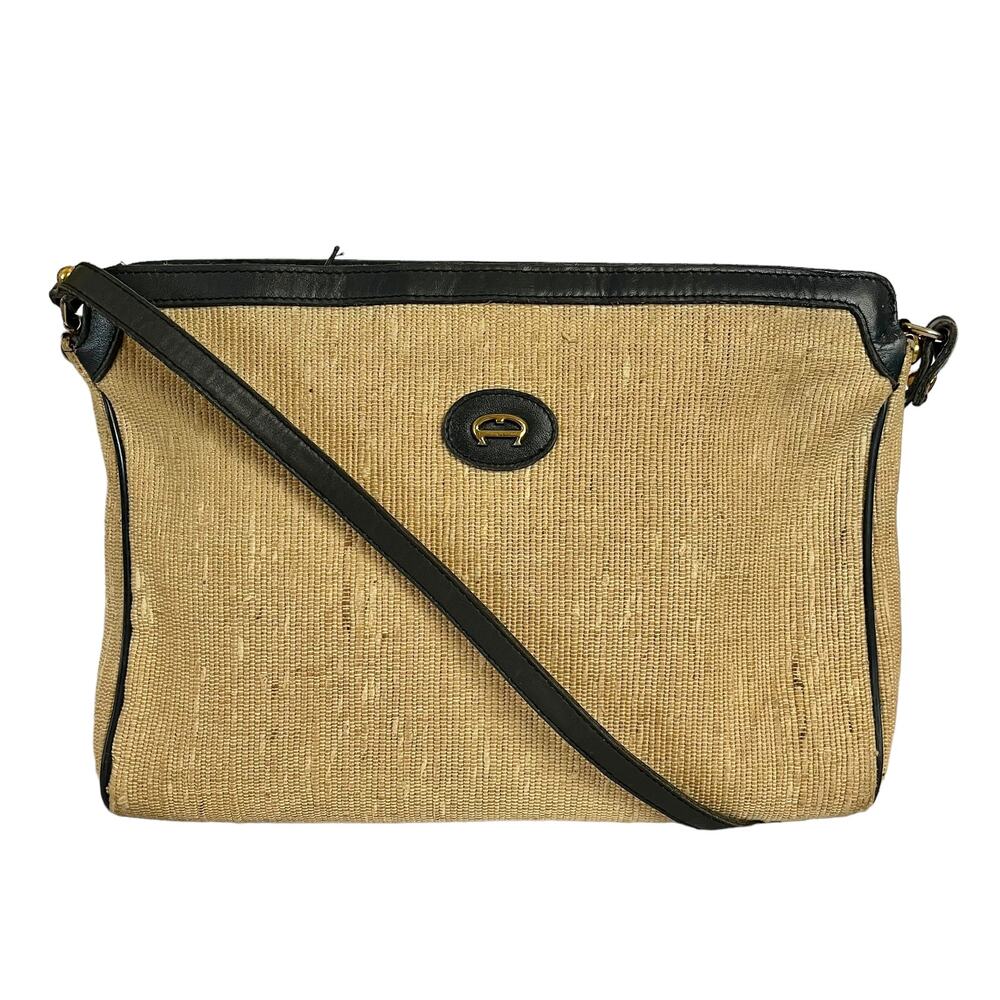 Vintage Etienne Aigner Woven Straw Navy Blue Leather Shoulder Bag Purse